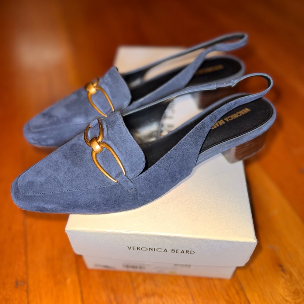 VERONICA BEARD Casie Slingback Pump in Navy Blue Suede with a Gold-Tone Buckle